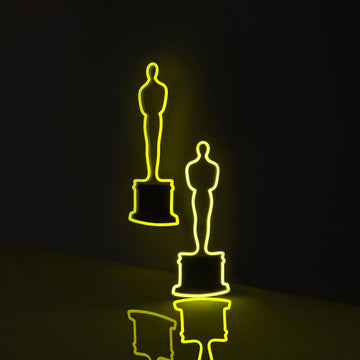 Large and small size neon LED oscar on glowing gold Oscar Statue the Academy Awards Show official Oscars Logo Merchandise Collectible Neon Sign Tabletop Size.